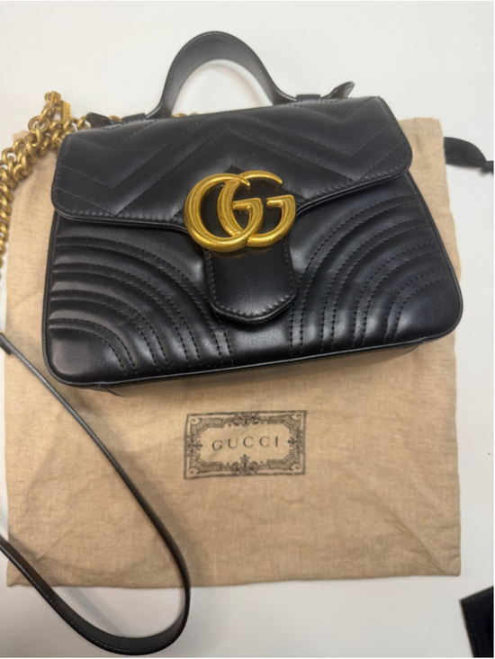 Gucci Handbags - Women's Gucci Marmont Small Top Handle Bag in Black and Gold